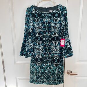 NWT Vince Camuto Elegant Blue Patterned Dress with bell sleeves